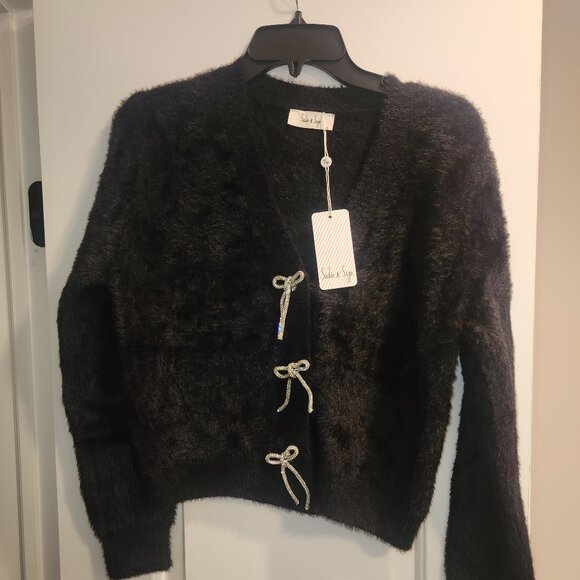 NWT -Sadie & Sage x Anthropologie Black Cardigan With Rhinestone Bows-Small - Picture 4 of 11